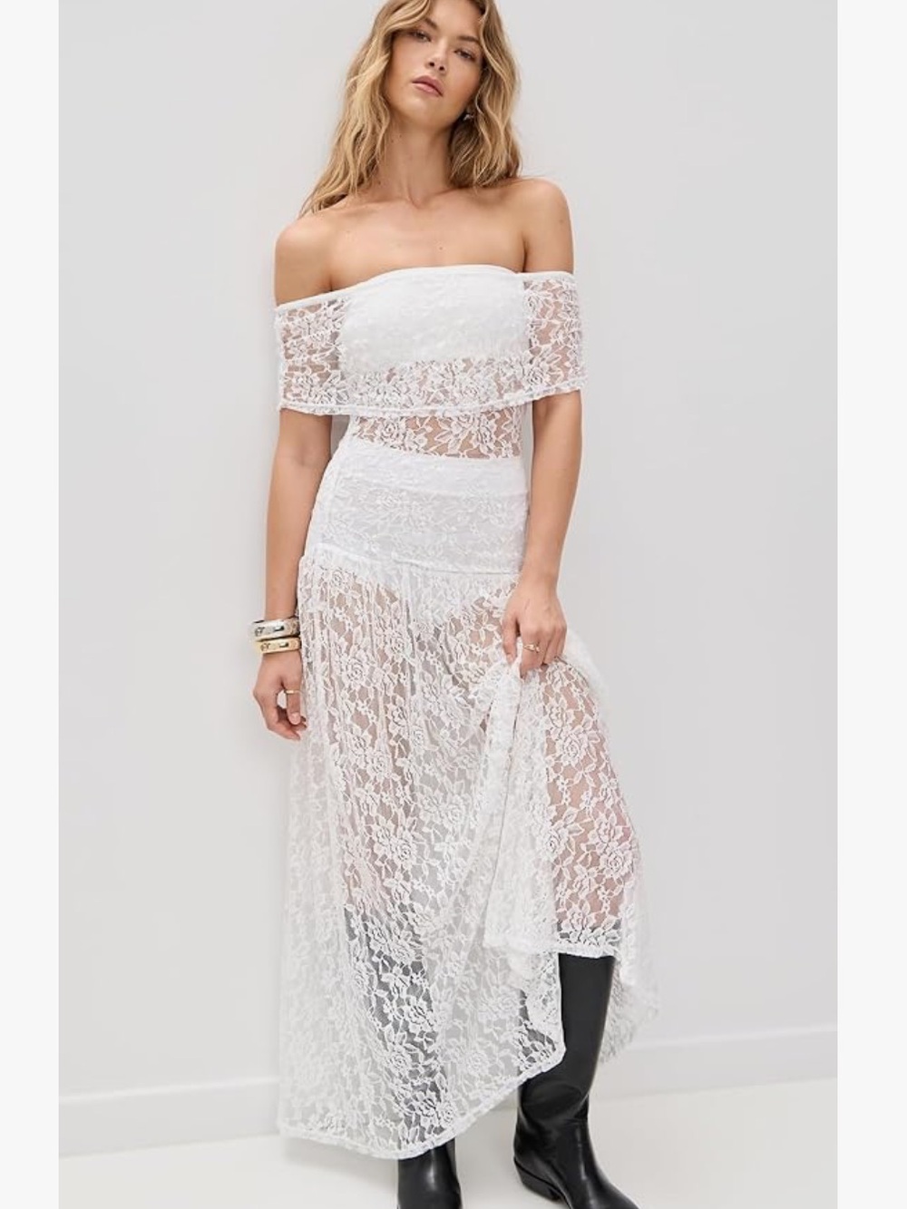 Unlined White Off-Shoulder Lace Maxi Dress